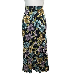 Sag Harbor Skirt size Extra Large Long Black Blue Purple Floral Button Front